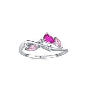 S925 sterling silver vine ring with pear-cut pink zircon and sparkling crystals