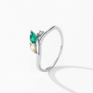 Bague en argent S925 style nature avec zircon vert émeraude et pierres jaunes fines