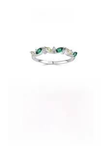 Detailed view of S925 sterling silver ring showing marquise-cut green zircon leaves