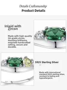 Detail of S925 sterling silver ring showing the inner hallmark and set emerald zircon