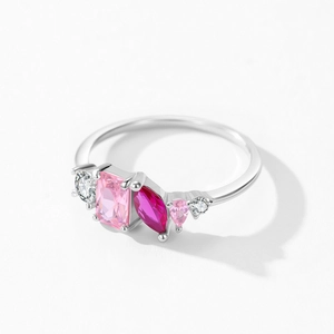 925 silver ring featuring geometric pink and magenta gemstones with white zircons