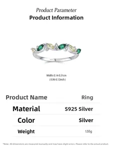 Detailed macro view of S925 silver leaf ring with green zircon and champagne stones