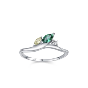 Bague élégante en argent massif S925 avec motif feuilles vertes et zircons brillants