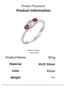 Détails techniques de la bague en argent S925 avec cristal rose et dimensions