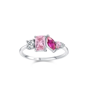 925 silver ring featuring pink heart and geometric gems in an asymmetric design