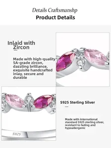 Close-up of S925 sterling silver ring with marquise pink zircon and detailed hallmark