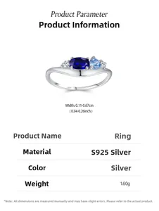Macro shot of S925 silver ring featuring blue sapphire gems and 1.60g weight specs