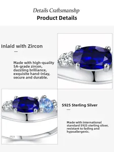 Macro shot of S925 sterling silver ring featuring a large oval blue sapphire zircon