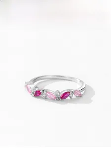 Detailed view of S925 silver ring with marquise cut pink zircons and white stones