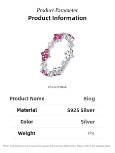 Détail macro de bague en argent S925 avec pierres rouges montrant 0,51 cm de largeur et 2,11 g