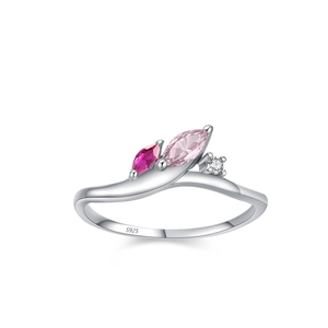 925 sterling silver ring with marquise cut red and pink stones and wavy band