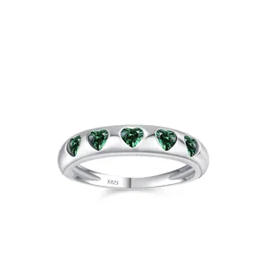 S925 Sterling Silver Ring For Women Japanese Vintage Emerald Green Zirconia Heart Shaped Ring Dainty Commuter Finger Jewelry