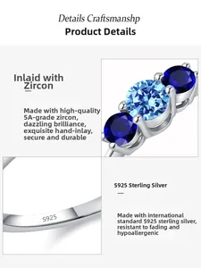 Détail macro de la bague en argent 925 avec pierres de zircone 5A bleues serties