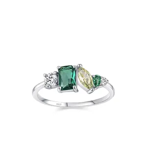 925 Sterling Silver Geometric Ring For Women Niche Design Fashion Zirconia Inlaid Contrast Yellow Green Stone Statement Jewelry