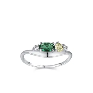925 Sterling Silver Emerald Green Zirconia Ring Women Geometric Wave Oval Inlaid Yellow White Stone Fashion Jewelry Finger Ring