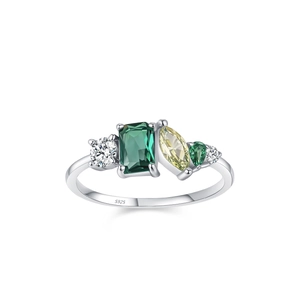 925 silver ring featuring geometric yellow and green zircon stones on white background