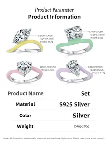 Detailed size chart for 925 silver rings with heart, emerald, and pear cut stones