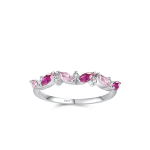 925 Sterling Silver Marquise Cut Zirconia Stackable Open Ring For Women Minimalist Pink Rose Red Zirconia Fashion Ring Jewelry