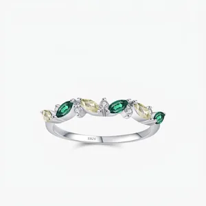 925 Sterling Silver Marquise Green Zirconia Leaf Ring For Women Daily Inlaid Sparkly Crystal Branch Adjustable Finger Ring