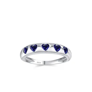 Bague Cœur en Argent Sterling 925 Zirconia Femme Luxe Léger Vintage Saphir Bleu Gemme Serti en Ligne Bijoux