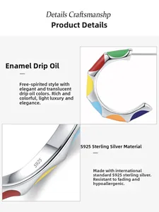 Détail des boucles d'oreilles créoles en argent 925 avec émail coloré style arc-en-ciel