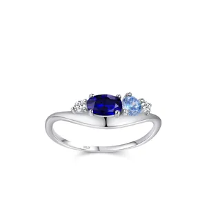 S925 Sterling Silver Blue Zirconia Ring For Women Luxury Geometric Wave Band Elegant Finger Ring Fashion Jewelry Gift