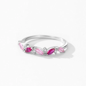 Elegant S925 sterling silver marquise ring with pink and rose red gemstones in a wave pattern