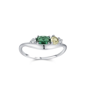 S925 sterling silver ring with wavy band and oval green and yellow zircon stones
