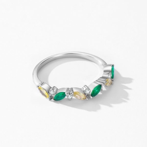 S925 silver ring featuring marquise green and yellow stones with leaf motif