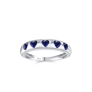 Bague élégante en argent sterling 925 avec cinq saphirs bleus en forme de cœur