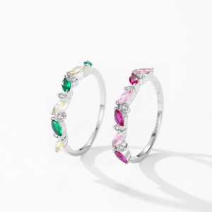 S925 silver marquise stacking rings with colorful emerald and pink cubic zirconia