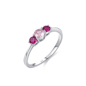 Bague en argent sterling S925 avec trois cristaux roses et zircones de coupe ronde