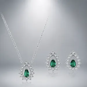 Collezione Zirconia Verde Smeraldo a Goccia Collana con Ciondolo in Argento Sterling 925 Orecchini a Bottone Eleganti Gioielli Donna