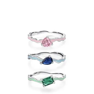 925 Sterling Silver Wavy Enamel Ring With Colorful Heart Pear Rectangle Zirconia Inlaid Geometric Finger Jewelry For Women