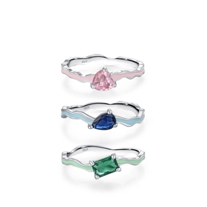 Set of three S925 silver wavy rings with colorful enamel and heart zircon stones