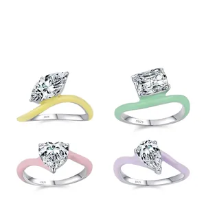 S925 Sterling Silver Zirconia Ring For Women Colorful Enamel Geometric Heart Marquise Pear Square Fashion Jewelry Band Ring