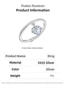 Macro shot of S925 sterling silver ring with heart cubic zirconia and product specs