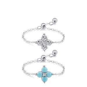 Anillo de Cadena Ajustable de Trébol de Plata de Ley 925 para Mujer Minimalista Colorido Circonia Flor de Cuatro Hojas Joyería Regalo