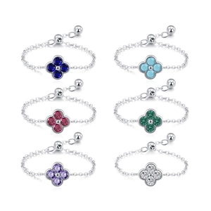 Ensemble de six bagues chaîne en argent S925 réglables avec trèfles à quatre feuilles colorés