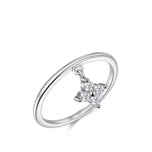 925 Sterling Silver Dangling Four Leaf Clover Ring For Women Sparkling Zirconia Inlaid Index Finger Ring Minimalist Jewelry