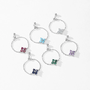 Anillos de cadena ajustables de plata S925 con circonitas de colores en forma de trébol
