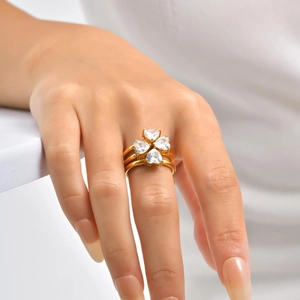 Gold stainless steel multi-layer ring with heart-shaped zircon four-leaf clover design