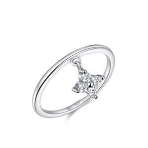 S925 sterling silver ring featuring a dangling four-leaf clover charm with sparkling cubic zirconia