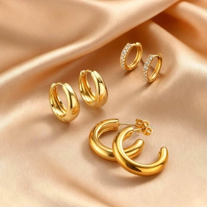Minimalist Stainless Steel Copper Gold Plated Earring Set Including Pave Rhinestone Hoops Smooth C Shaped Earrings Jewelry