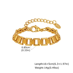 Detailed view of golden stainless steel wide link bracelet with K18 tag and lobster clasp