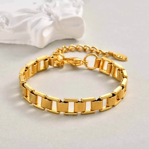 Polished gold stainless steel rectangular link bracelet with lobster clasp and extension