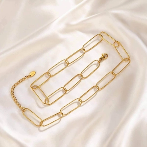 Golden stainless steel rectangle link chain necklace with textured finish and lobster clasp