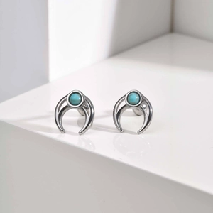 Punk Stainless Steel Moon Horn Stud Earrings For Women Vintage Boho Turquoise Inlaid Geometric Minimalist Jewelry Gift