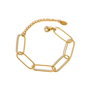 Close-up of golden rectangular link necklace with K18 tag and lobster clasp detail
