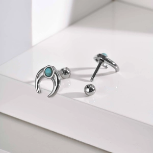 Punk style stainless steel crescent moon stud earrings with turquoise inlay set